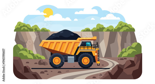 Modern vector illustration of heavy mining dump truck loaded with ore in quarry environment, industrial transport concept