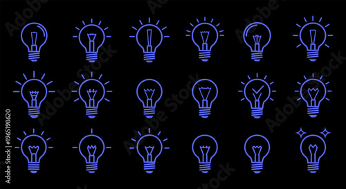 A collection of blue light bulb icons on a black background