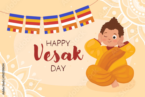 Happy Vesak day, card for buddhist holiday. Cute character, little boy Buddhist monk in yellow clothes and a garland of Buddhist flags. Smiling Buddha covers his ears with his hands.
