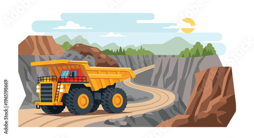 Modern vector illustration of heavy mining dump truck loaded with ore in quarry environment, industrial transport concept
