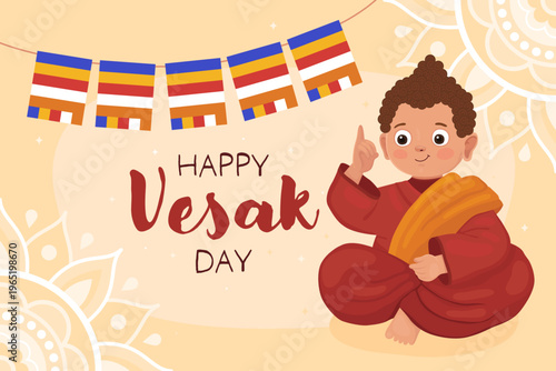Happy Vesak day, card for buddhist holiday. Cute character, smiling little boy Buddhist monk in red clothes, Buddha points his finger up. Garland of Buddhist flags. 