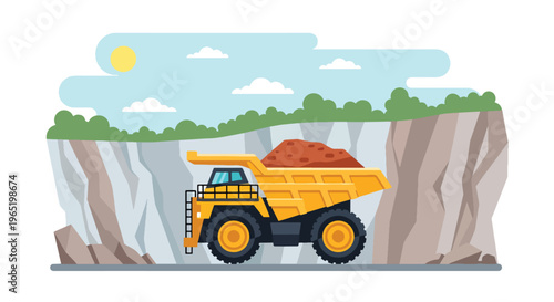 Modern vector illustration of heavy mining dump truck loaded with ore in quarry environment, industrial transport concept