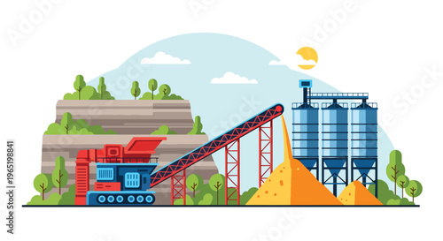 Modern vector illustration of mining processing plant with crusher machine and conveyor belt system, mineral refining and industrial manufacturing concept