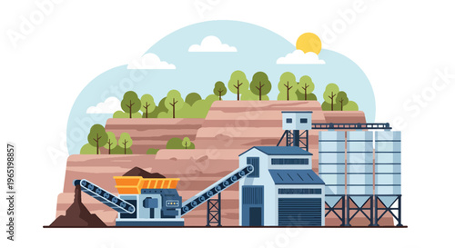 Modern vector illustration of mining processing plant with crusher machine and conveyor belt system, mineral refining and industrial manufacturing concept