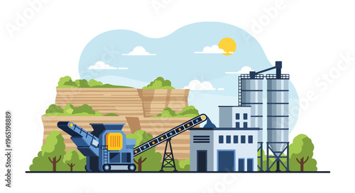 Modern vector illustration of mining processing plant with crusher machine and conveyor belt system, mineral refining and industrial manufacturing concept