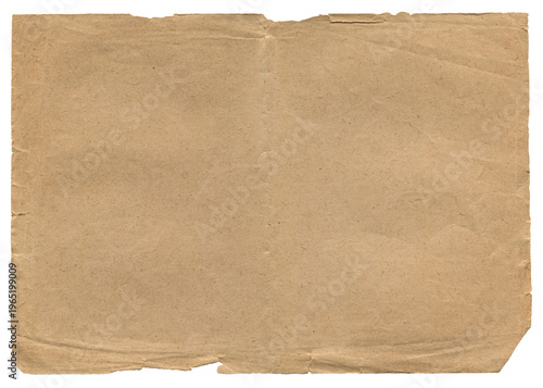 Wallpaper background of old brown crumpled paper texture with torn edges on white