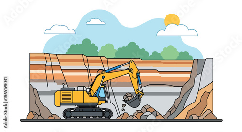 Heavy excavator digging layered soil in open pit mining site, detailed earth cross section showing geology strata, flat vector illustration of construction, industry and excavation process