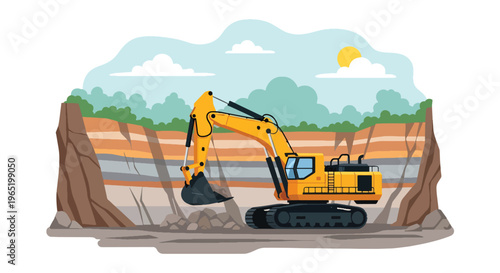 Heavy excavator digging layered soil in open pit mining site, detailed earth cross section showing geology strata, flat vector illustration of construction, industry and excavation process