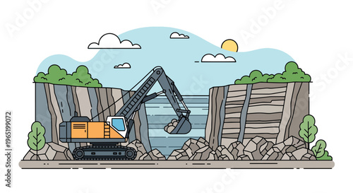 Heavy excavator digging layered soil in open pit mining site, detailed earth cross section showing geology strata, flat vector illustration of construction, industry and excavation process