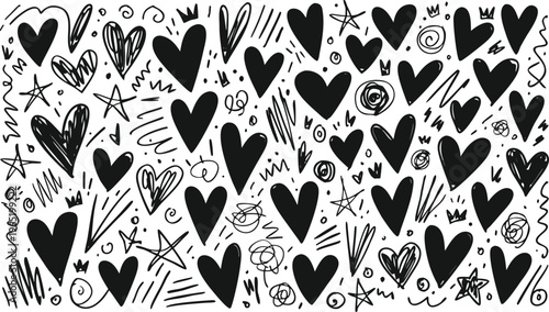 Black and white heart pattern hand-drawn illustration