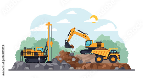 Flat style vector illustration of mining drilling rig blasting rock with explosion effect and dump truck loading materials, industrial extraction process in open pit quarry site
