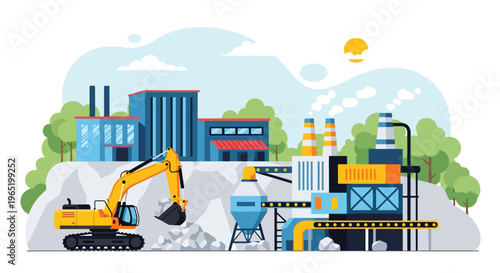 Flat style vector illustration of mining processing plant with conveyor systems, storage tanks and industrial buildings, showing material handling and production workflow