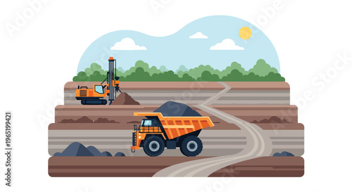 Flat style vector illustration of open pit mining site with large dump truck and drilling machine on layered terrain, showcasing excavation process in industrial environment