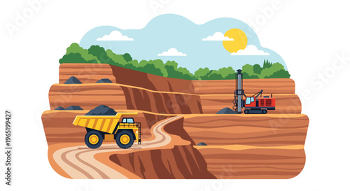 Flat style vector illustration of open pit mining site with large dump truck and drilling machine on layered terrain, showcasing excavation process in industrial environment