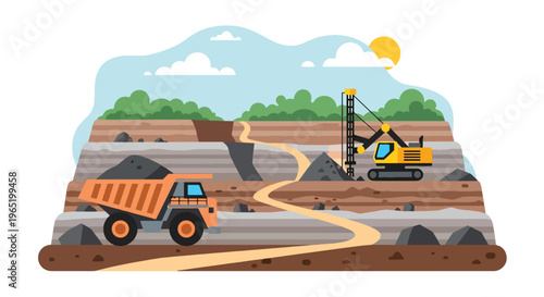 Flat style vector illustration of open pit mining site with large dump truck and drilling machine on layered terrain, showcasing excavation process in industrial environment