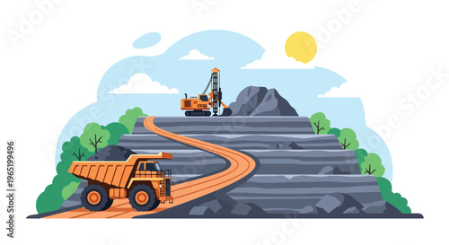 Flat style vector illustration of open pit mining site with large dump truck and drilling machine on layered terrain, showcasing excavation process in industrial environment