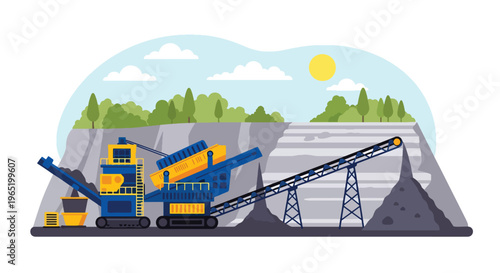 Flat style vector illustration of mining crusher machine with conveyor belt transporting crushed materials, industrial processing system in quarry environment