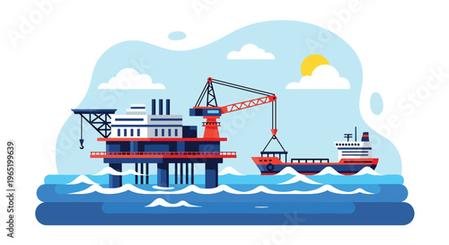 Flat style vector illustration of offshore oil platform with crane and supply vessel in ocean, representing petroleum extraction and energy industry operations