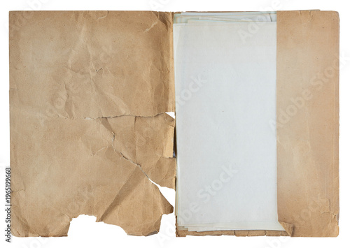 Old open torn beige paper folder with blank document sheets isolated on white