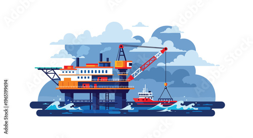 Flat style vector illustration of offshore oil platform with crane and supply vessel in ocean, representing petroleum extraction and energy industry operations