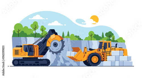 Flat style vector illustration of quarry cutting machine slicing stone with circular blade and loader handling blocks, industrial construction material production scene