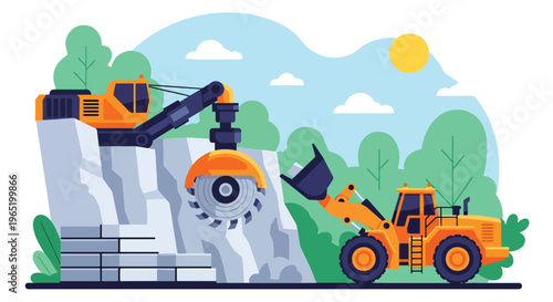 Flat style vector illustration of quarry cutting machine slicing stone with circular blade and loader handling blocks, industrial construction material production scene