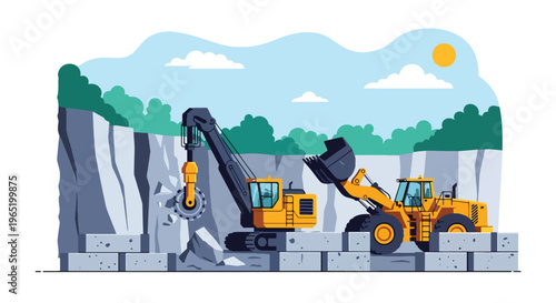 Flat style vector illustration of quarry cutting machine slicing stone with circular blade and loader handling blocks, industrial construction material production scene