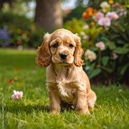 A cute puppy sitting on grass with flowers