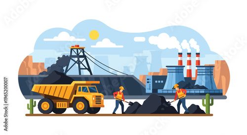 Flat style vector illustration of coal mining workers loading materials with truck and power plant in background, representing energy production and mining labor