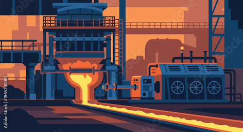 Flat style vector illustration of metal smelting plant with furnace pouring molten material, industrial metallurgy process and heavy manufacturing environment