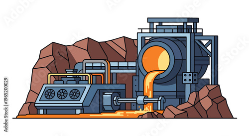 Flat style vector illustration of metal smelting plant with furnace pouring molten material, industrial metallurgy process and heavy manufacturing environment