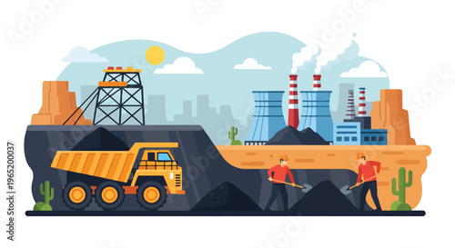 Flat style vector illustration of coal mining workers loading materials with truck and power plant in background, representing energy production and mining labor