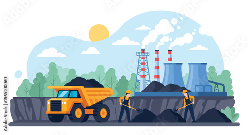 Flat style vector illustration of coal mining workers loading materials with truck and power plant in background, representing energy production and mining labor