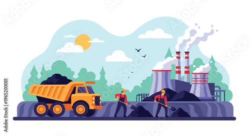 Flat style vector illustration of coal mining workers loading materials with truck and power plant in background, representing energy production and mining labor