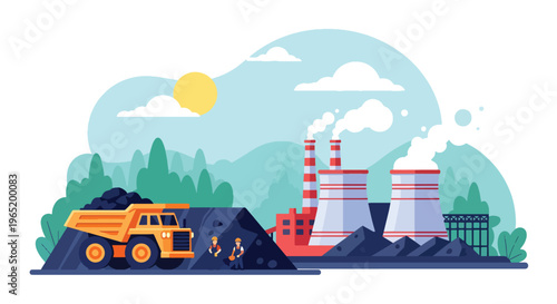 Flat style vector illustration of coal mining workers loading materials with truck and power plant in background, representing energy production and mining labor