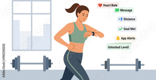 A woman runs on a treadmill in a gym with fitness trackers.