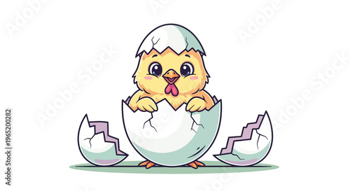 Adorable little yellow chick peeking out from a freshly cracked eggshell, symbolizing new beginnings, spring, and the joy of new life, presented as a charming cartoon illustration