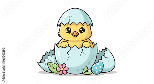 Cartoon Illustration of Chick Hatching from Light Blue Eggshell with Pink Flower and Dotted Egg, Spring Themed Graphic