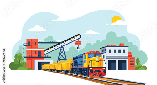 Flat style vector illustration of mining train transporting ore with conveyor system into industrial facility, showcasing resource logistics and extraction workflow
