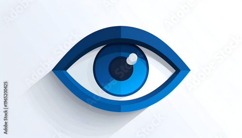 Blue stylized eye illustration with geometric design and shadow on white background