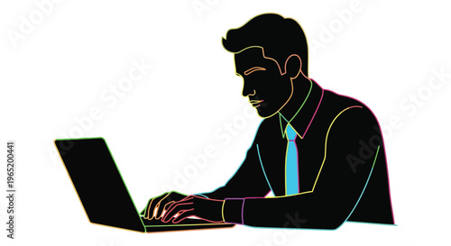 Silhouette illustration depicts a focused professional man diligently typing on a modern laptop computer while working late hours in a dedicated business environment.