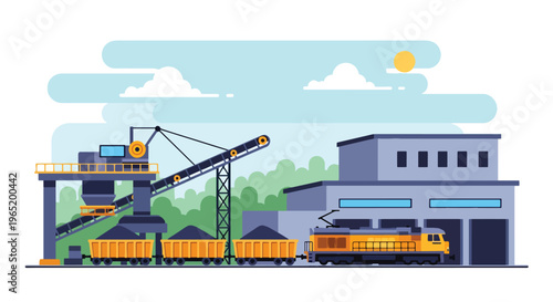 Flat style vector illustration of mining train transporting ore with conveyor system into industrial facility, showcasing resource logistics and extraction workflow