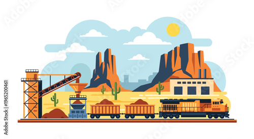 Flat style vector illustration of mining train transporting ore with conveyor system into industrial facility, showcasing resource logistics and extraction workflow