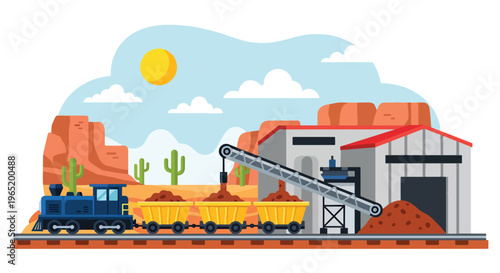Flat style vector illustration of mining train transporting ore with conveyor system into industrial facility, showcasing resource logistics and extraction workflow