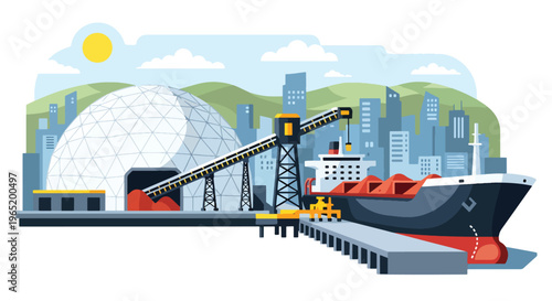 Flat style vector illustration of mining train transporting ore with conveyor system into industrial facility, showcasing resource logistics and extraction workflow