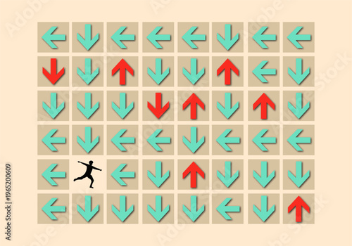 A conceptual illustration of a silhouette person moving against a grid of many directional arrows.