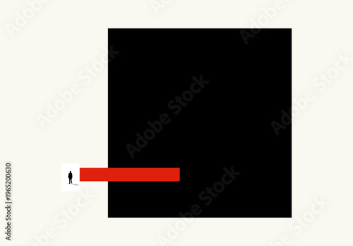 A minimalist graphic composition featuring a solitary figure standing before a large black void.