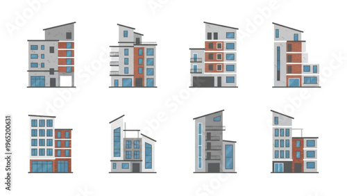 Set of diverse modern residential and commercial building illustrations