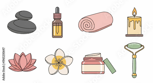 Spa and wellness icons with towels and flowers.