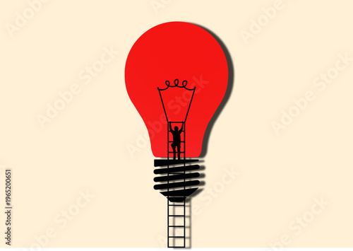 A silhouette of a person climbing a ladder into a giant red light bulb representing new ideas.